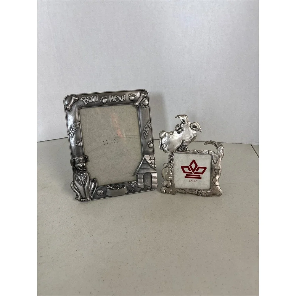 Vintage Pewter Tone Dog Picture Frame Set Bow Wow Bark Arf Novelty Puppy Decor